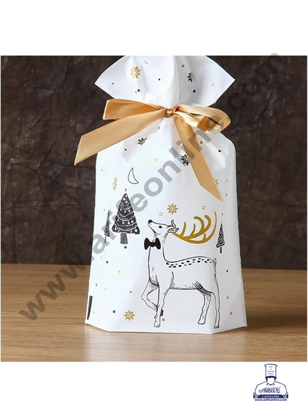 Cake Decor ™ Big White Color Christmas Theme Cookie pouch Plastic Drawstring Bag Treat With Ribbon | Design - 01  | Pack of 10 | (23cm X 15cm)