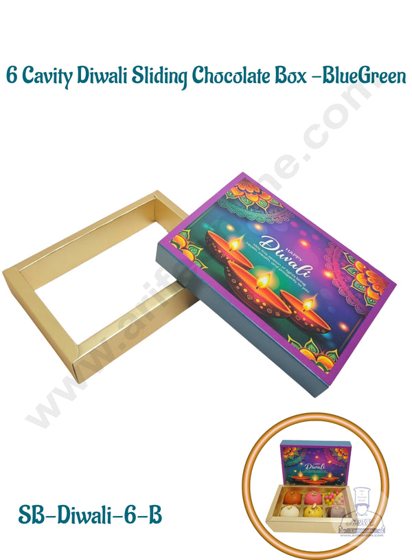 6 Cavity Diwali Sliding Chocolate Box Without Cavity - Blue Green (10 Pcs Pack) - CAKE DECOR™