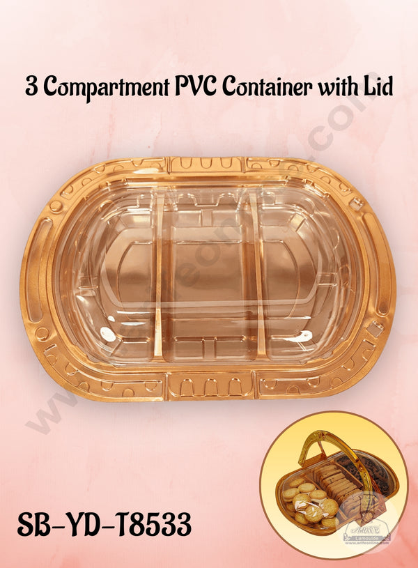 3 Compartment PVC Container with Lid - 1 Piece Premium Leak-proof takeaway PET Food Packaging Golden Plastic Container with Transparent Lid - (27X26X4cm) - CAKE DECOR™
