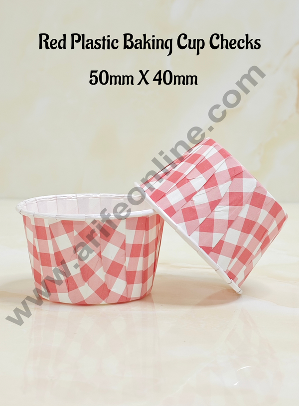 Cake Decor™  Plastic Baking Cup Checks Direct Bake-able Paper Muffin Cups - Red Checks (100 Pcs)