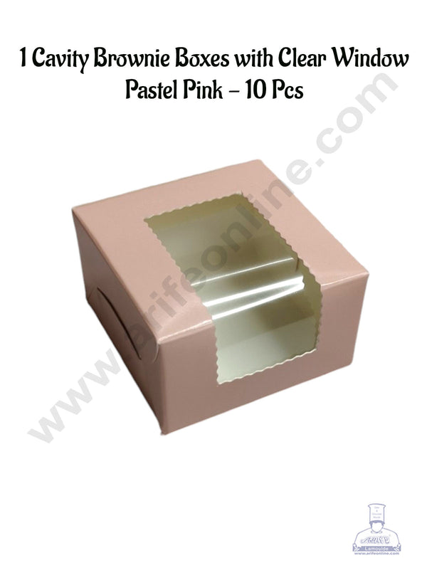 CAKE DECOR™ 1 Cavity Brownie Boxes with Clear Window Pastel Pink | Brownie Carriers - 10 Pcs Pack