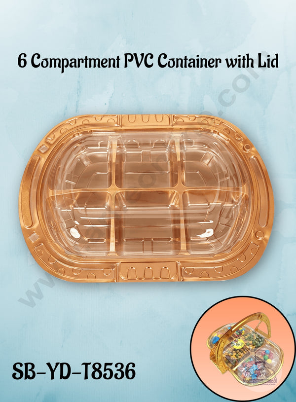 6 Compartment PVC Container with Lid - 1 Piece Premium Leak-proof takeaway PET Food Packaging Golden Plastic Container with Transparent Lid - (27X26X4cm) - CAKE DECOR™