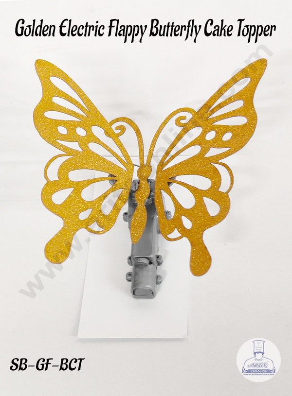 CAKE DECOR™ Golden Electric Flappy & Twinkle Fluttering Butterfly Toy Cake Topper - 1 Piece | Butterfly Theme Cake | Cake Decoration