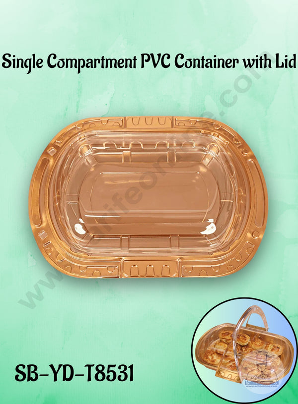 Single Compartment PVC Container with Lid - 1 Piece Premium Leak-proof takeaway PET Food Packaging Golden Plastic Container with Transparent Lid - (27X26X4cm) - CAKE DECOR™