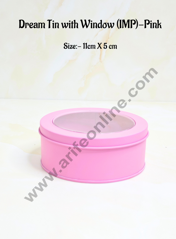 CAKE DECOR™ Dream Tin with Window (IMP) | Dream Cake Tin Torte cake Cookie Cake Tin - Pink Color - 11 cm X 5cm