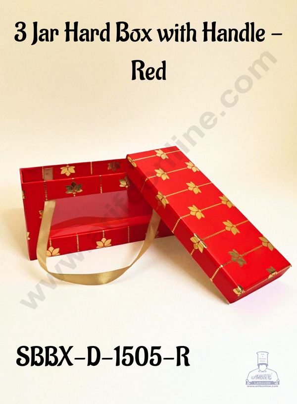 Premium 3 Jar Gift Box with Handle – Red | Decorative Hard Box for Gifting & Storage (20 X 8 X 10 cm) - CAKE DECOR™