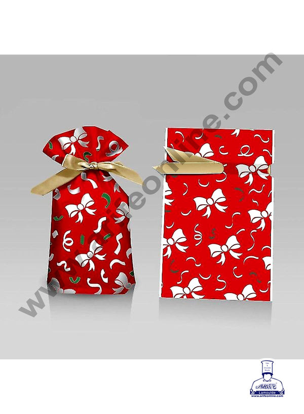 Cake Decor ™ Small Red Ribbon Ties Christmas Theme Plastic Drawstring Bag Treat With Ribbon | Cookie Snack Candy Birthday Party and Gift (Pack of 10)