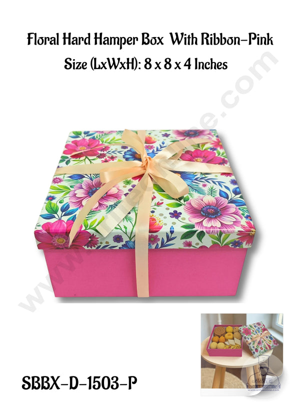 Pink Floral Hard Hamper Box With Ribbon Top Bottom Box | Gift Box | Present Box - 1 Pc - CAKE DECOR™