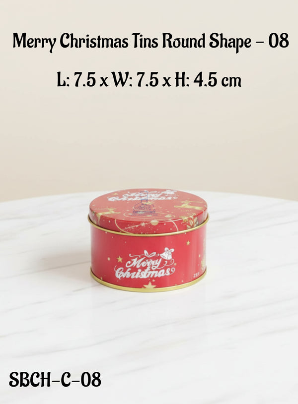 Cake Decor ™ Merry Christmas Tins Round Shape - 08 | L: 7.5 x W: 7.5 x H: 4.5 cm| Round Storage Containers Tins | 1 Pc Pack