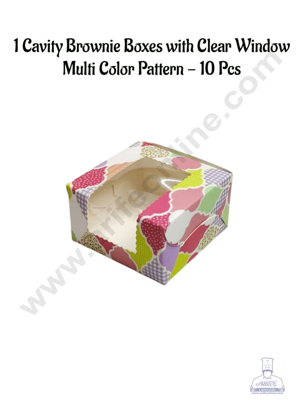 CAKE DECOR™ 1 Cavity Brownie Boxes with Clear Window Multi Color Pattern | Brownie Carriers - 10 Pcs Pack