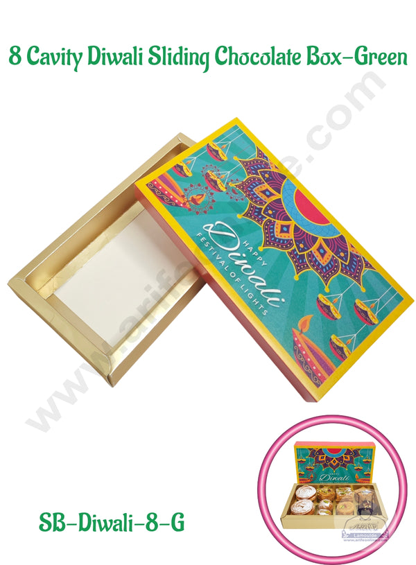 8 Cavity Diwali Sliding Chocolate Box Without Cavity -  Green (10 Pcs Pack) - CAKE DECOR™