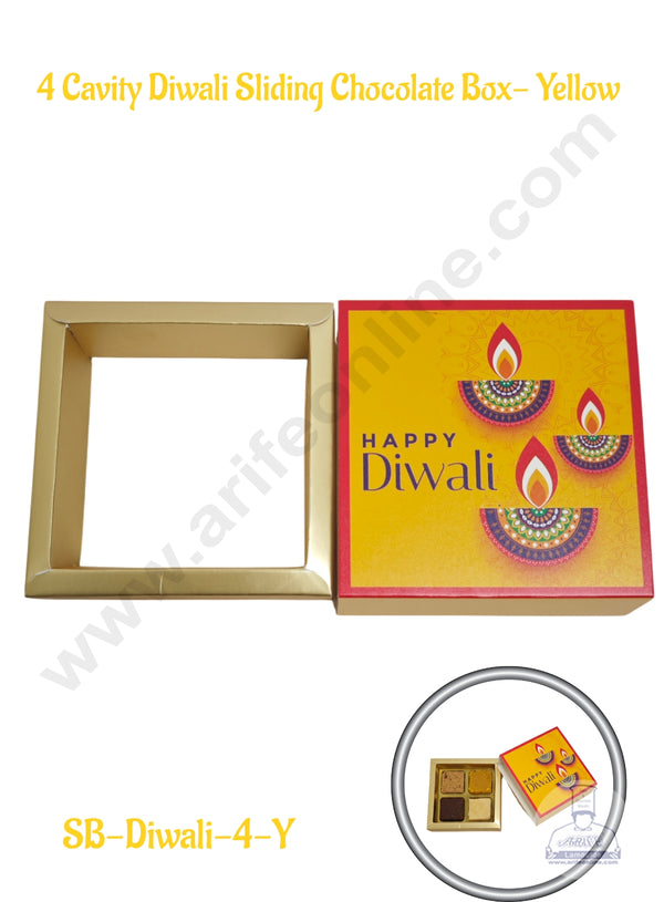 4 Cavity Diwali Sliding Chocolate Box Without Cavity - Yellow (10 Pcs Pack) - CAKE DECOR™