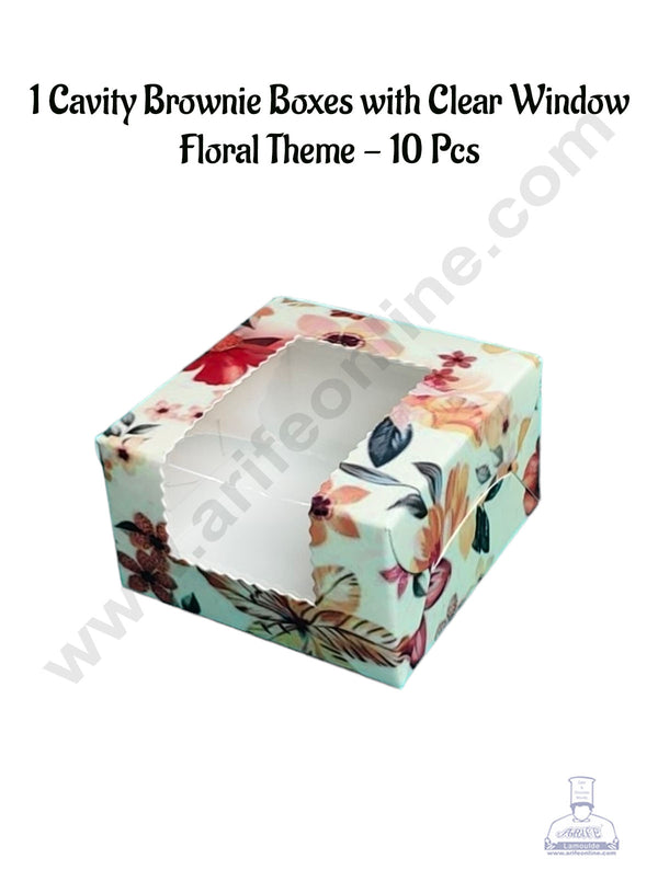 CAKE DECOR™ 1 Cavity Brownie Boxes with Clear Window Floral Theme | Brownie Carriers - 10 Pcs Pack