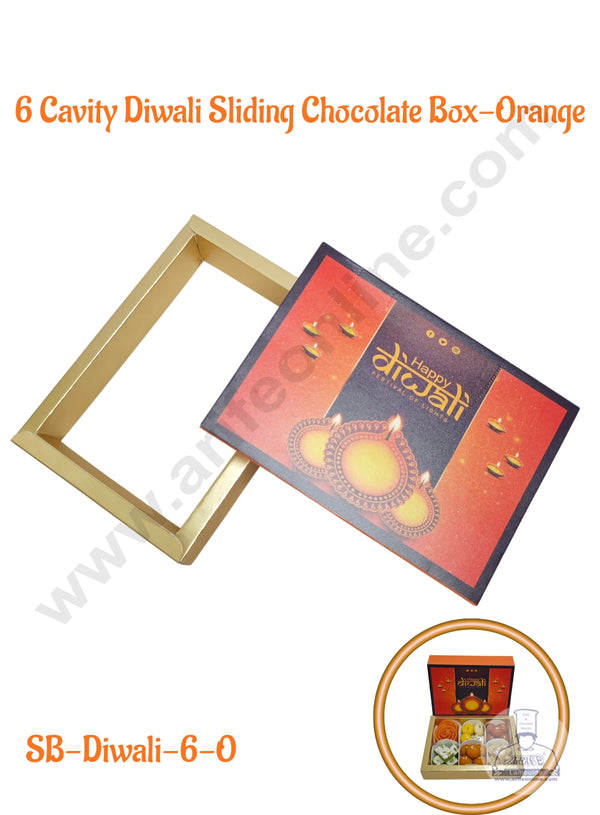 6 Cavity Diwali Sliding Chocolate Box Without Cavity - Orange (10 Pcs Pack) - CAKE DECOR™