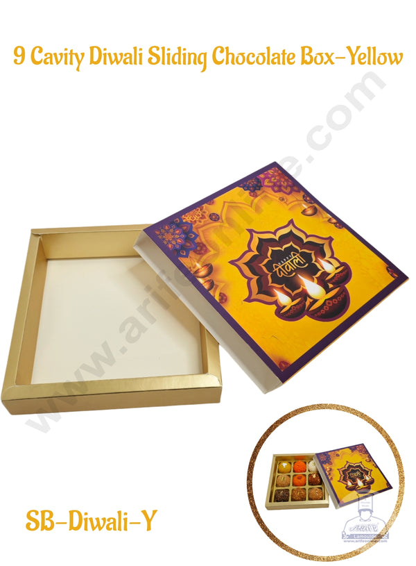 9 Cavity Diwali Sliding Chocolate Box Without Cavity - Yellow  (10 Pcs Pack) - CAKE DECOR™