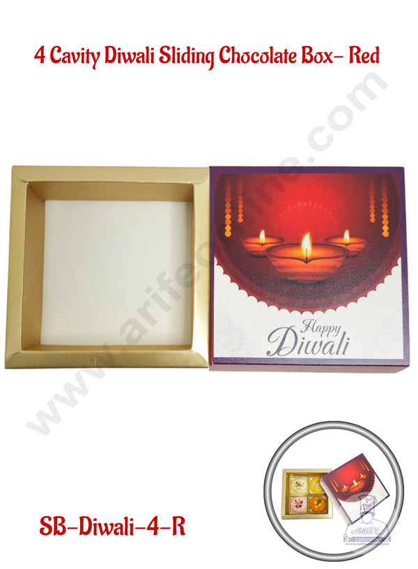 4 Cavity Diwali Sliding Chocolate Box Without Cavity - Red (10 Pcs Pack) - CAKE DECOR™