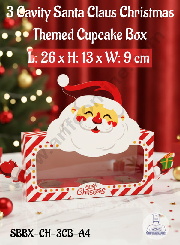 CAKE DECOR™ 3 Cavity Santa Claus Christmas Themed Cupcake Box with Clear Window and Handle - 10 Piece Pack