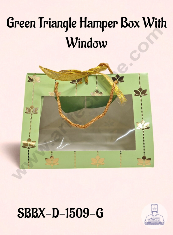 Green Triangle Hamper Box with Window – Gold Lotus Print & Rope Handle | 19 x 16 x 15 cm | 1 pc (SBBX-D-1509-G)  - CAKE DECOR™