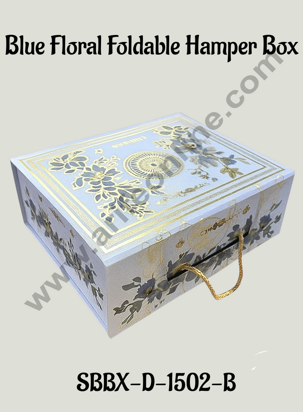Blue Floral Foldable Hard Hamper Box With Handle | Gift Box | Present Box - 1 Pc - CAKE DECOR™