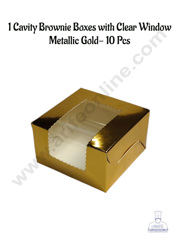 CAKE DECOR™ 1 Cavity Brownie Boxes with Clear Window Metallic Gold | Brownie Carriers - 10 Pcs Pack