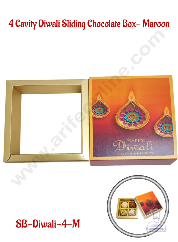 4 Cavity Diwali Sliding Chocolate Box Without Cavity - Maroon (10 Pcs Pack) - CAKE DECOR™