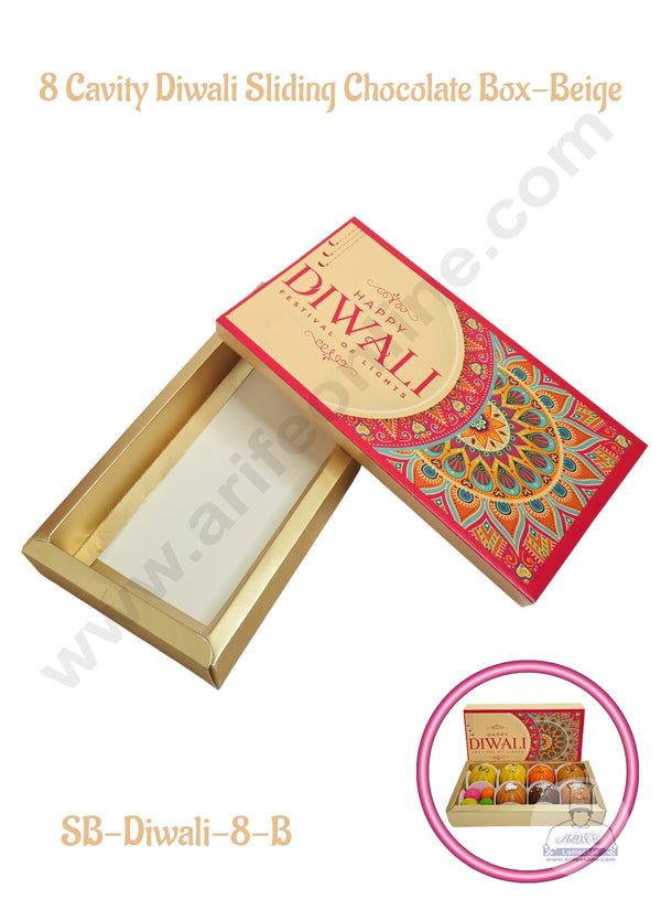 8 Cavity Diwali Sliding Chocolate Box Without Cavity - Beige (10 Pcs Pack) - CAKE DECOR™