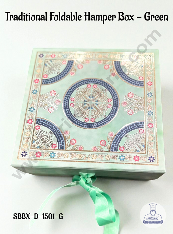 Green Traditional Foldable Hard Hamper Box With Ribbon | Gift Box | Present Box - 1 Pc - CAKE DECOR™