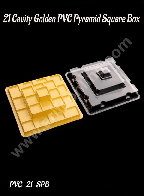 CAKE DECOR™ 21 Cavity PVC Golden Pyramid Square Box | Hamper box - 1 Piece