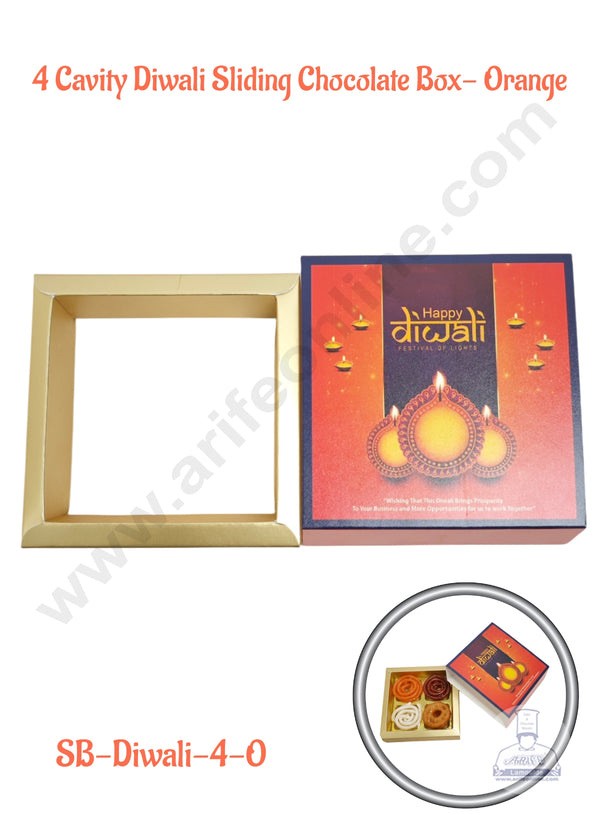 4 Cavity Diwali Sliding Chocolate Box Without Cavity - Orange (10 Pcs Pack) - CAKE DECOR™