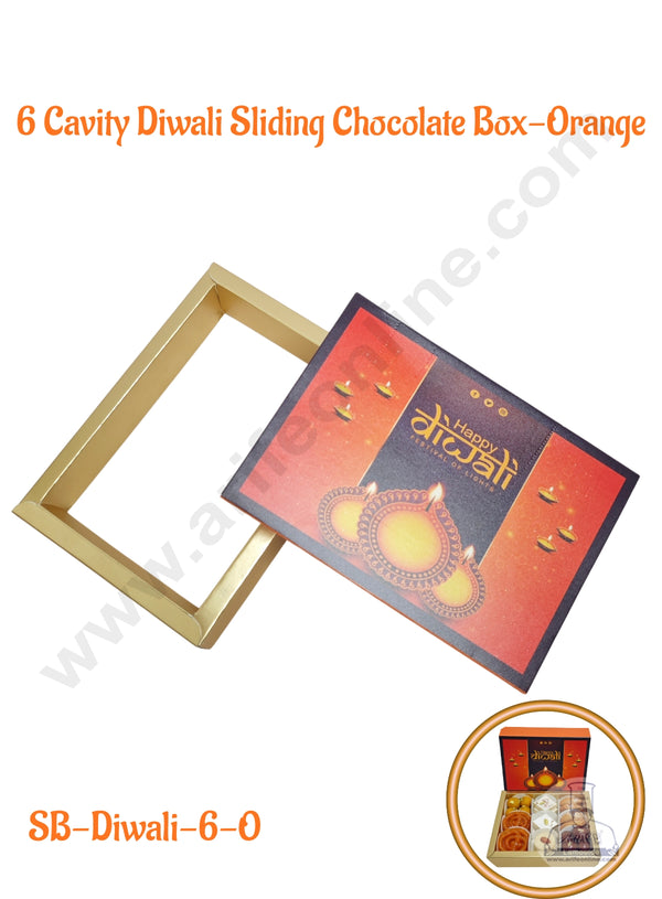 6 Cavity Diwali Sliding Chocolate Box Without Cavity - Orange (10 Pcs Pack) - CAKE DECOR™