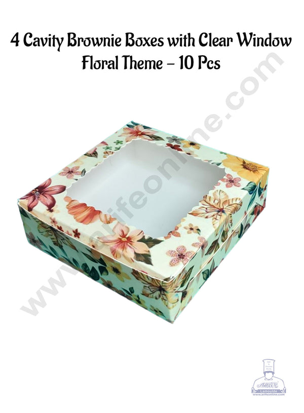 CAKE DECOR™ 4 Cavity Brownie Boxes with Clear Window Floral Theme | Brownie Carriers - 10 Pcs Pack