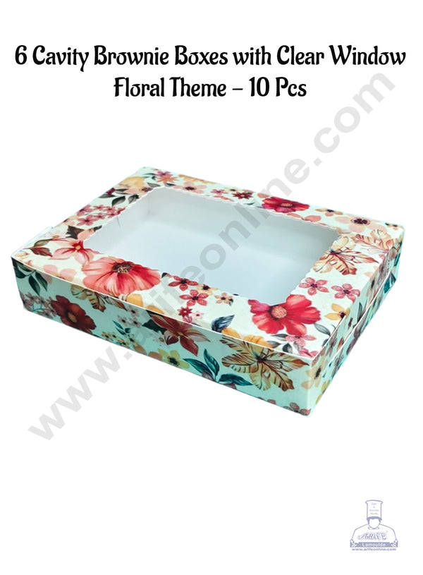 CAKE DECOR™ 6 Cavity Brownie Boxes with Clear Window Floral Theme | Brownie Carriers - 10 Pcs Pack