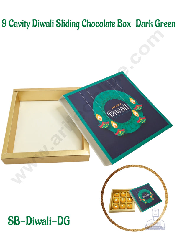 9 Cavity Diwali Sliding Chocolate Box Without Cavity - Dark Green  (10 Pcs Pack) - CAKE DECOR™