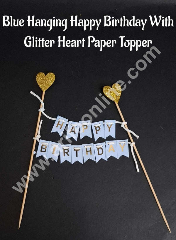 Blue Hanging Happy Birthday With Glitter Heart Paper Topper For Cake( 1pc ) CAKE DECOR™