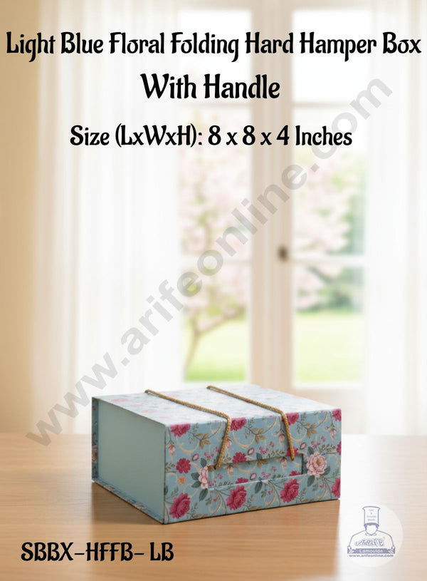 CAKE DECOR™ Light Blue Floral Folding Hard Hamper Box With Handle | Gift Box | Present Box - 1 Pc | SBBX-HFFB-LB|