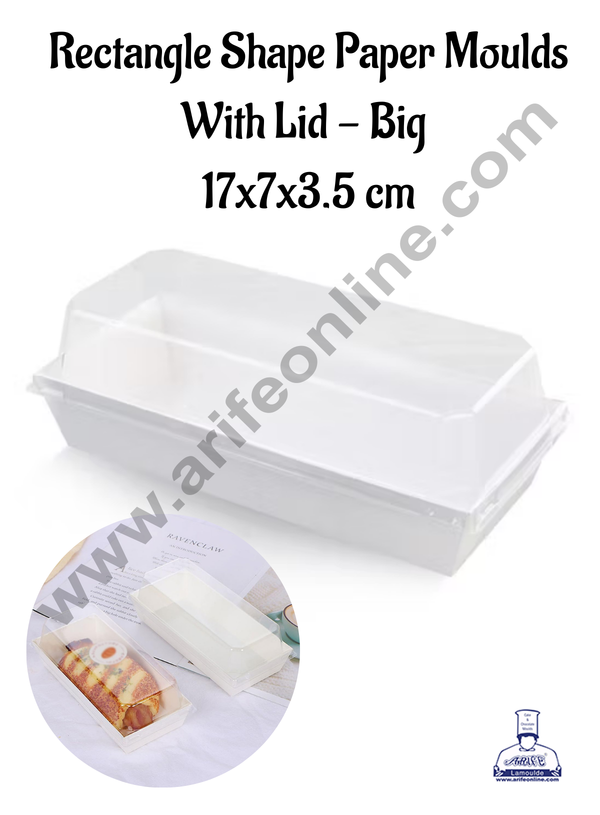 CAKE DECOR™ Rectangle Shape Paper Moulds With Lid - White- Large (10 Pcs Pack)