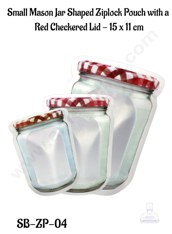 CAKE DECOR™  Small Mason Jar Shaped Ziplock Pouch with a  Red Checkered Lid - 15 x 11 cm (Pack of 10) - SB-ZP-04