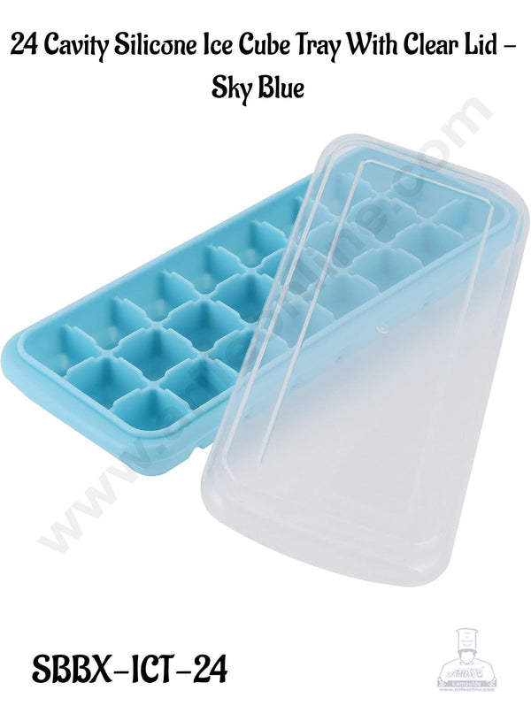 CAKE DECOR™ Sky Blue Ice Cube Tray With Clear Lid- 24 Cavity │ 1 Piece │(SBBX-ICT-24) │ (Mould Size: 9.5 x 3.5 Inch)(Ice Cube Size: 1 Inch)│