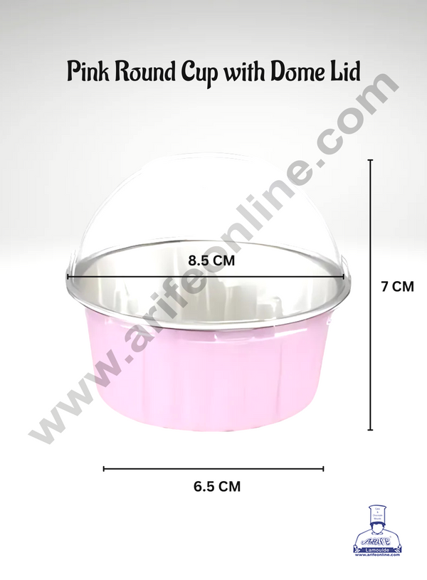 CAKE DECOR™ Pink Round Frill Aluminium Tin Foil With Dome Lid Bake & Serve Cup| Aluminium Containers | Non-Stick Foil Baking Cups -5 Pcs Pack