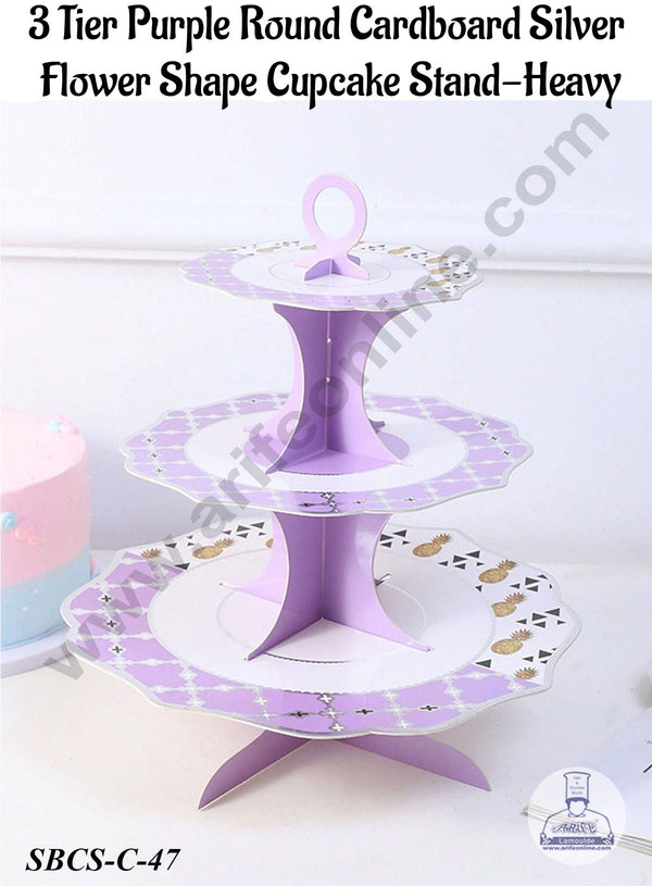 Cake Decor™ 3-Tier Purple Round Cardboard Silver Flower Shape Cupcake Stand-Heavy