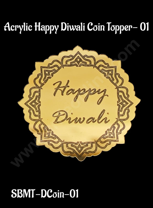 Cake Decor™ Acrylic Happy Diwali Coin Topper for Cake and Cupcakes - 1 Piece (SBMT-DCoin-01)