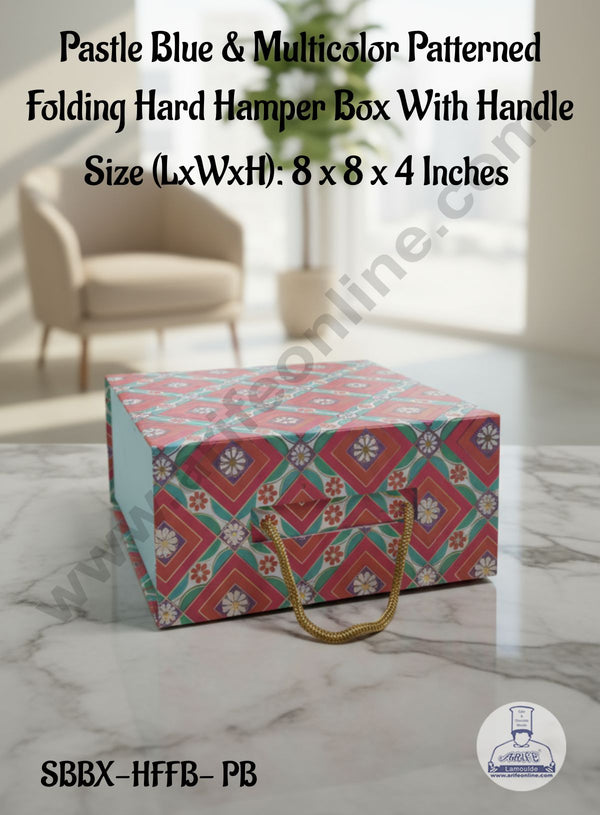 CAKE DECOR™  Pastle Blue & Multicolor Patterned Folding Hard Hamper Box With Handle | Gift Box | Present Box - 1 Pc | SBBX-HFFB-PB|
