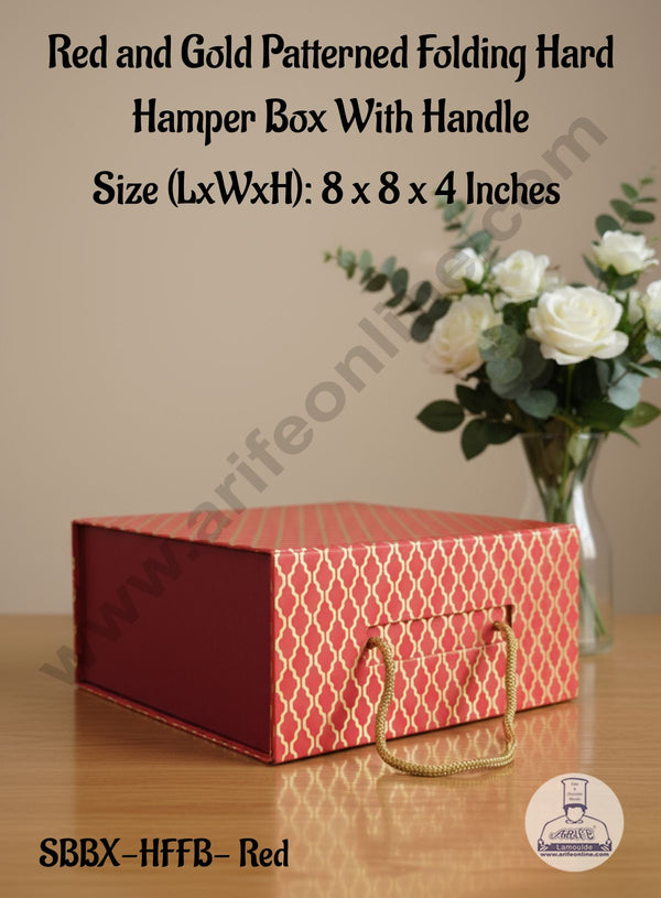 CAKE DECOR™  Red and Gold Patterned Folding Hard Hamper Box With Handle | Gift Box | Present Box - 1 Pc | SBBX-HFFB-Red |