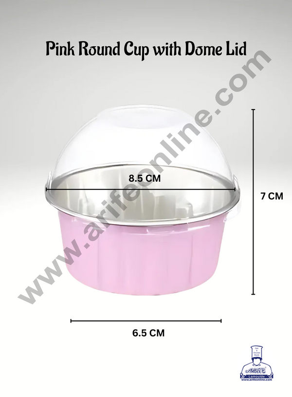 CAKE DECOR™ Pink Round Frill Aluminium Tin Foil Baking Cups with Dome Lid | Non-Stick Bake & Serve Aluminium Containers (Pack of 5)