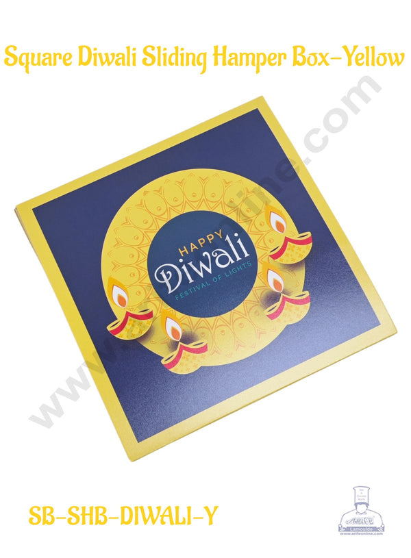 Diwali Sliding Hamper Box (7 x 7 x 3 inches) - Yellow (10 Pcs Pack) - CAKE DECOR™
