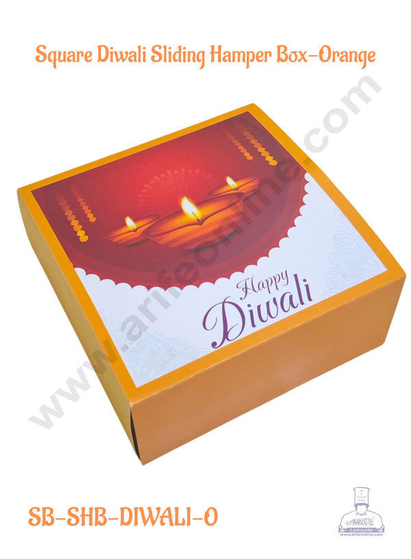 Diwali Sliding Hamper Box (7 x 7 x 3 inches) - Orange (10 Pcs Pack) - CAKE DECOR™