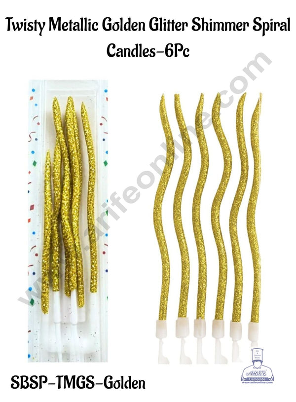 Cake Decor™ Unscented Party Twisty Metallic Golden Glitter Shimmer Spiral Candles-6Pc │ 10W x 65H Millimeters │SBSP-TMGS-Golden │