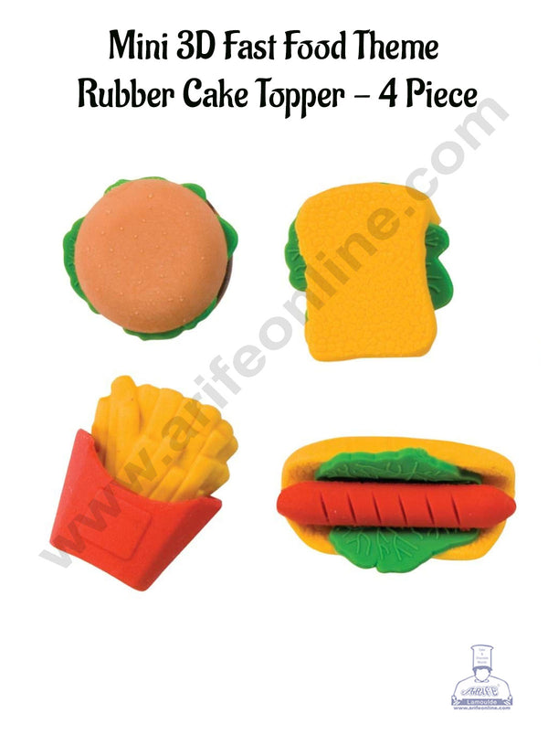 CAKE DECOR™ 4 Pcs Mini 3D Fast Food Theme Rubber Cake Topper | French Fries | Burger | Sandwich | Hot Dog (SBT-R-018)