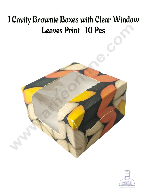 CAKE DECOR™ 1 Cavity Brownie Boxes with Clear Window Leaves Print | Brownie Carriers - 10 Pcs Pack