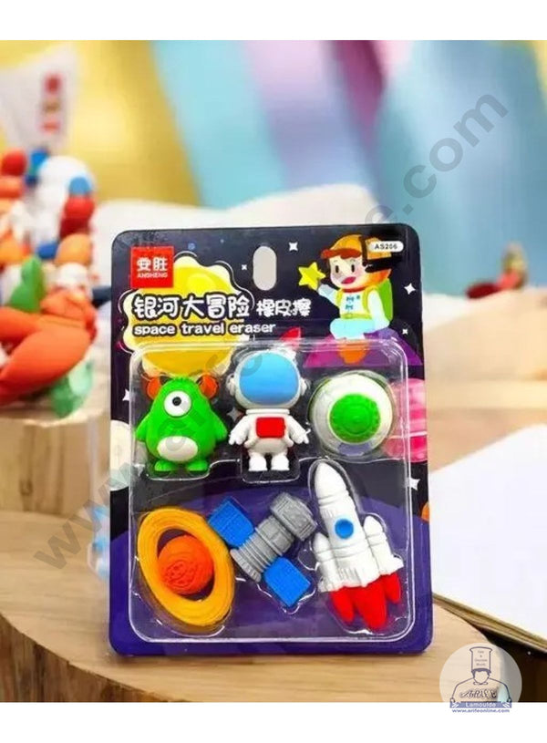 CAKE DECOR™ 6 Piece Mini Space Craft Theme Rubber Eraser Topper | Rocket, Astronaut,Allien, Satellite Rubber Cake Topper